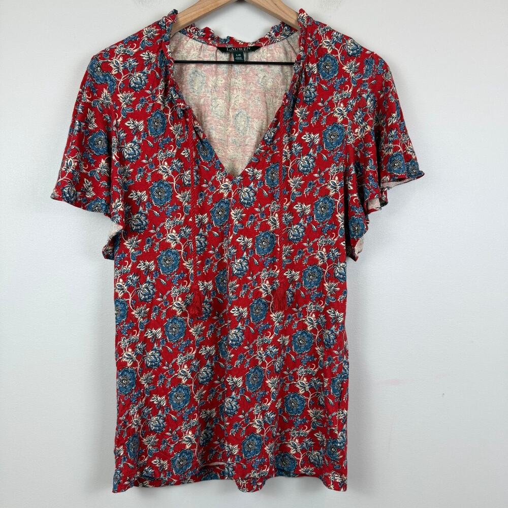Ralph Lauren Floral Top Womens Large Red Blue‎ Linen Blend Tie-Neck Blouse Bloom
